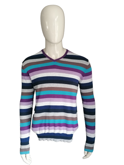 Suéter de hombre zara con cuello en v. Gris azul púrpura a rayas. Tamaño XL.