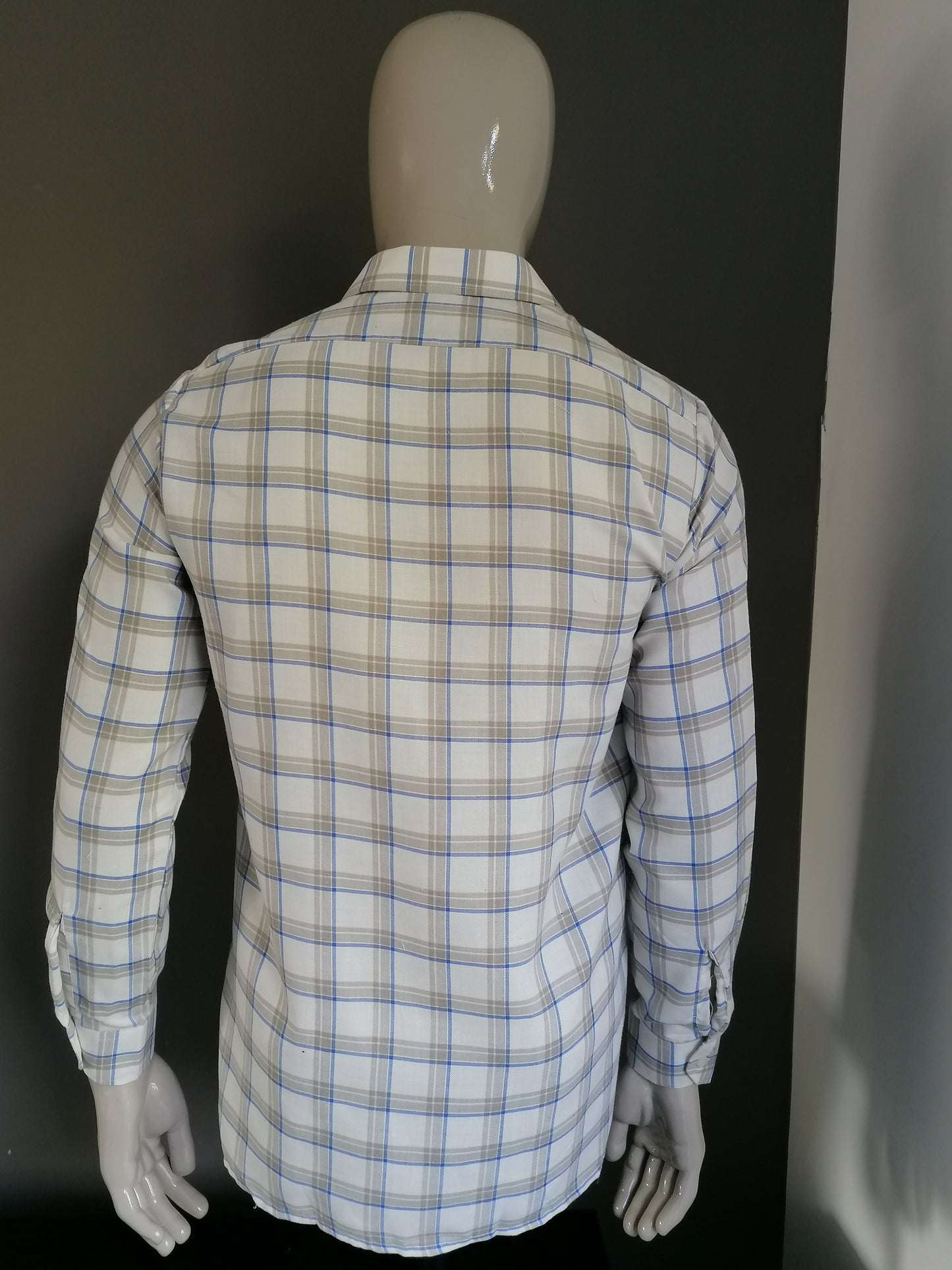 Vintage Becker Franela camisa. Beige Blue Checked. Talla L.