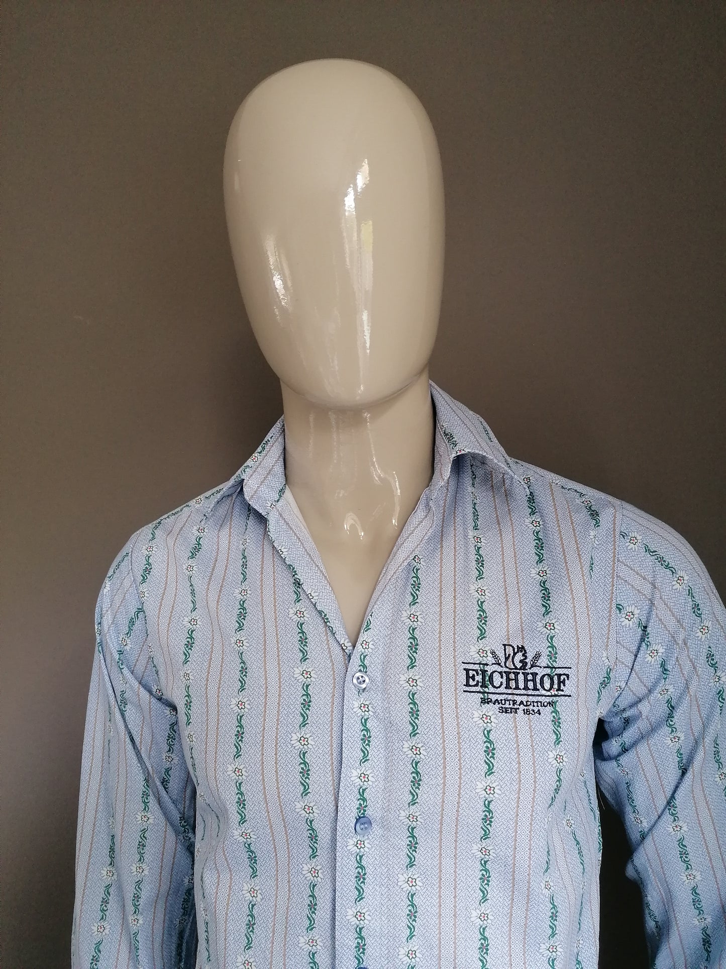 Vintage Eichhof Shirt. Impresión de patrón floral verde blanco azul. Tamaño S.