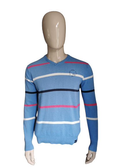 Bartlett-Pullover mit V-Ausschnitt. Blau, Rosa, Weiß gefärbt. Größe M. - EcoGents