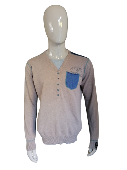 Suéter Piaza Italia con cuello en V y botones. Azul marrón Tamaño XL.