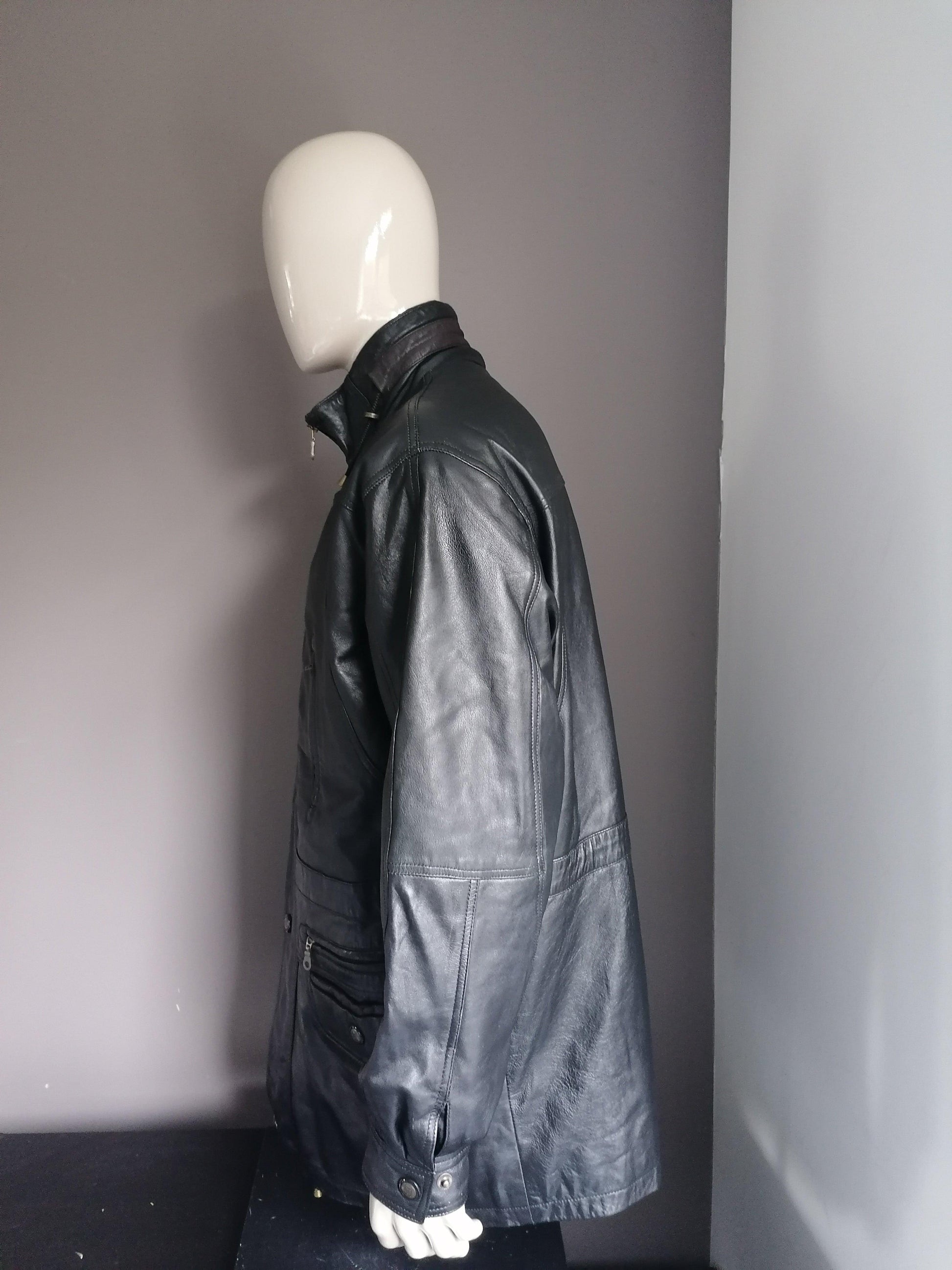 B keus: Vintage Halflange leren jas. Zwart Bruin. Maat XXL / 2XL. Ritslabel afgebroken - EcoGents