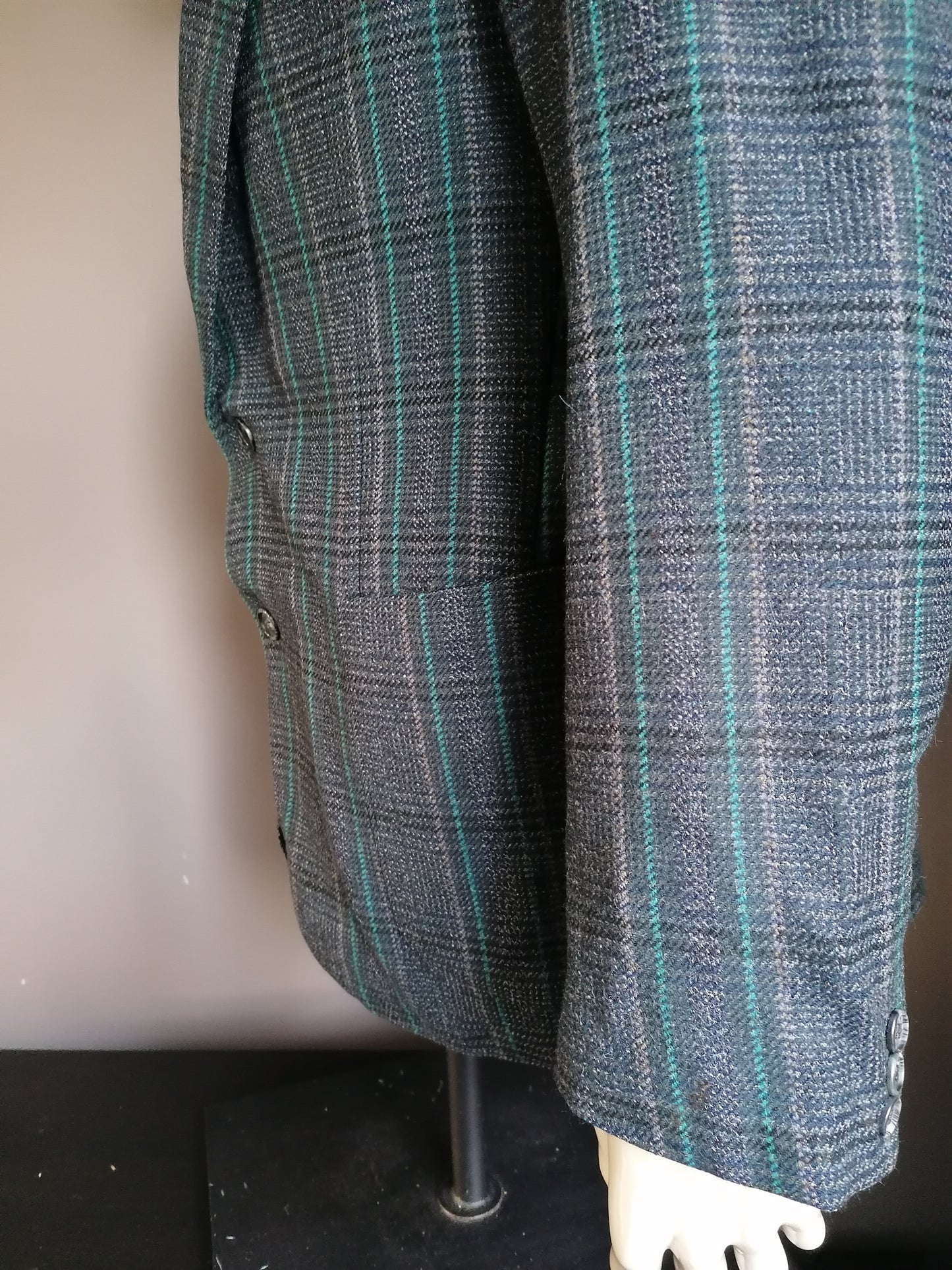 Veste de tweed de laine vintage. Vert gris noir damier. Taille XL