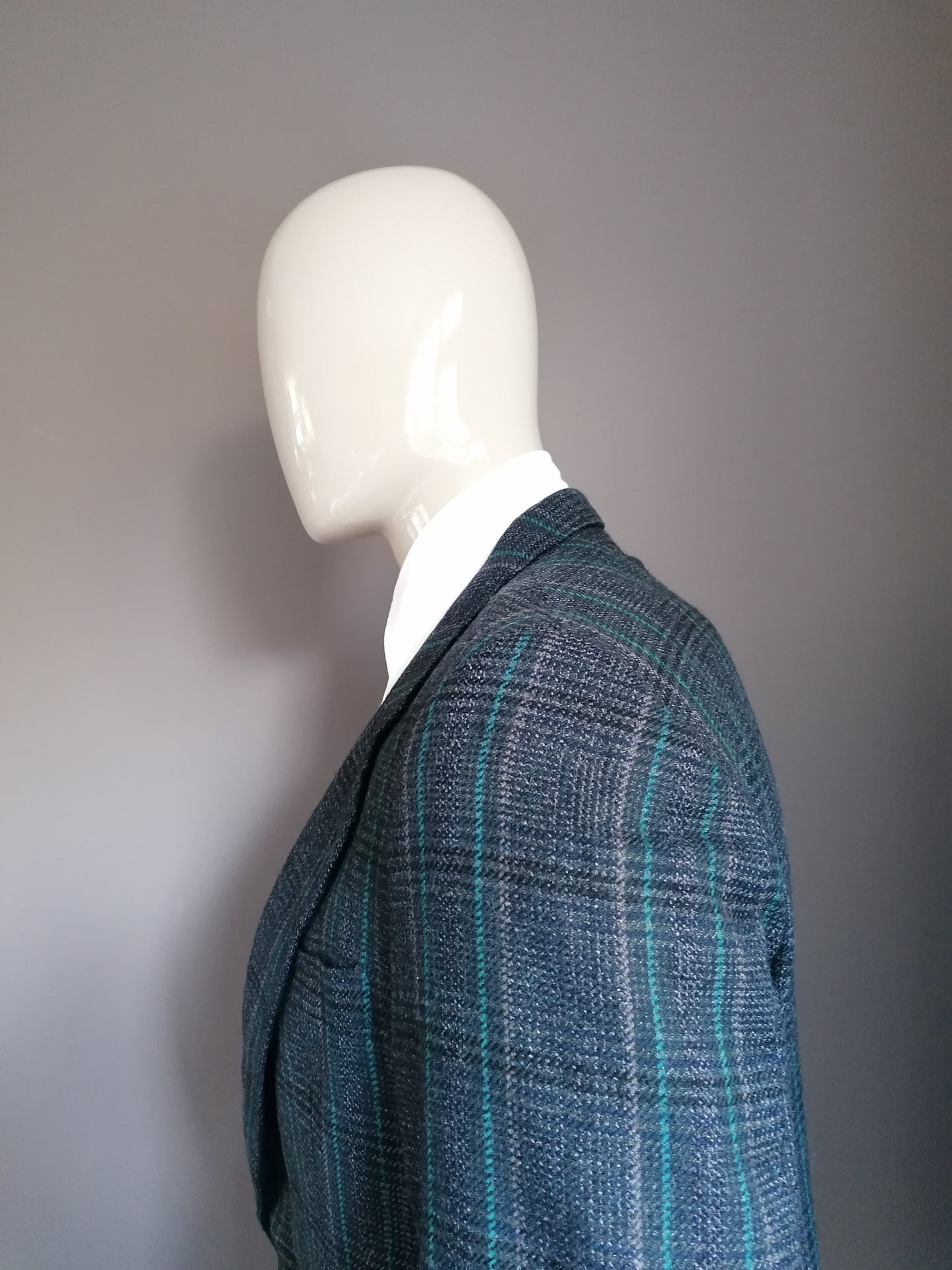Vintage Woolen Tweed Chaqueta. Gris verde negro a cuadros. Tamaño XL