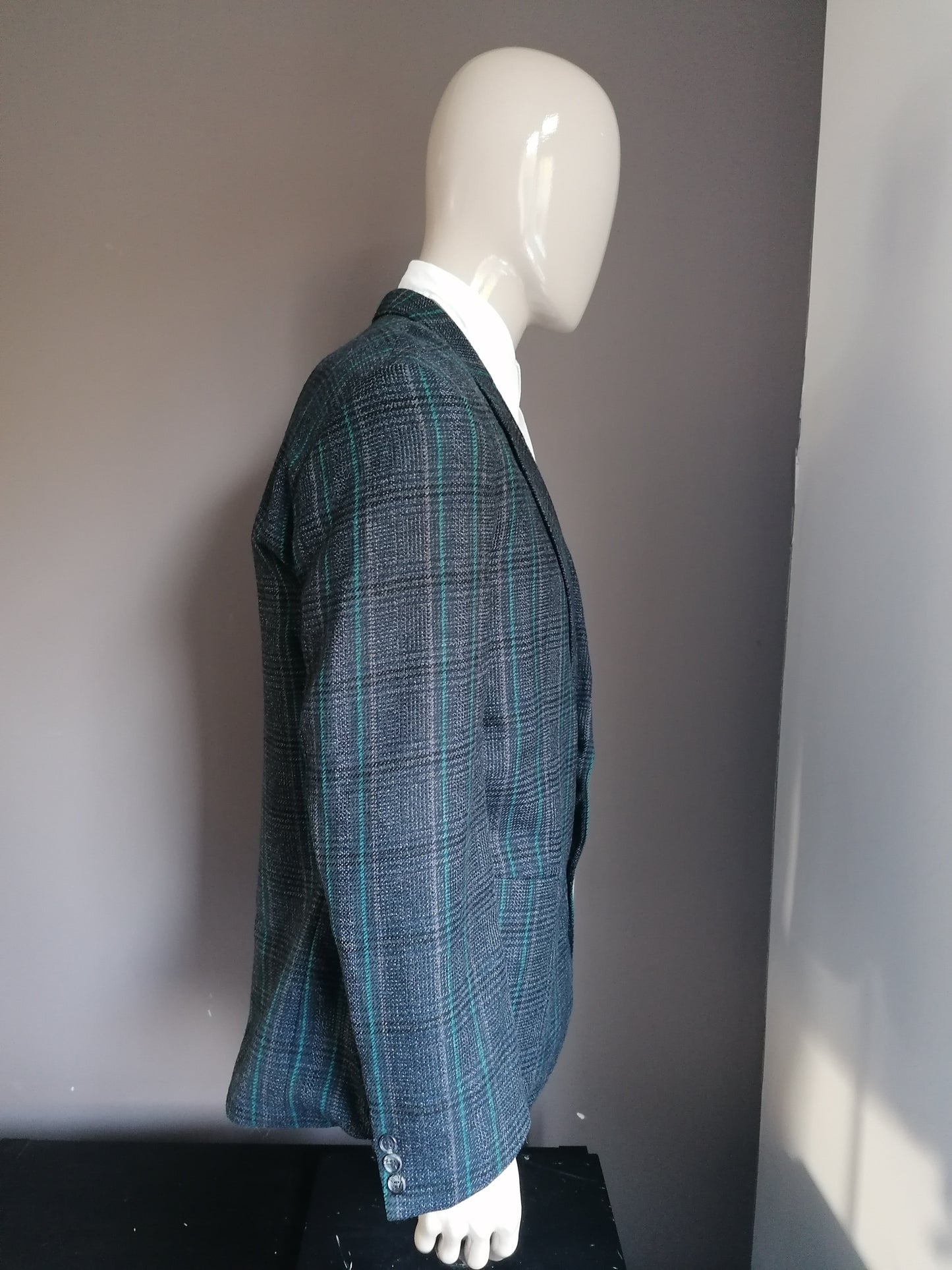 Vintage woolen tweed jacket. Green gray black checkered. Size XL