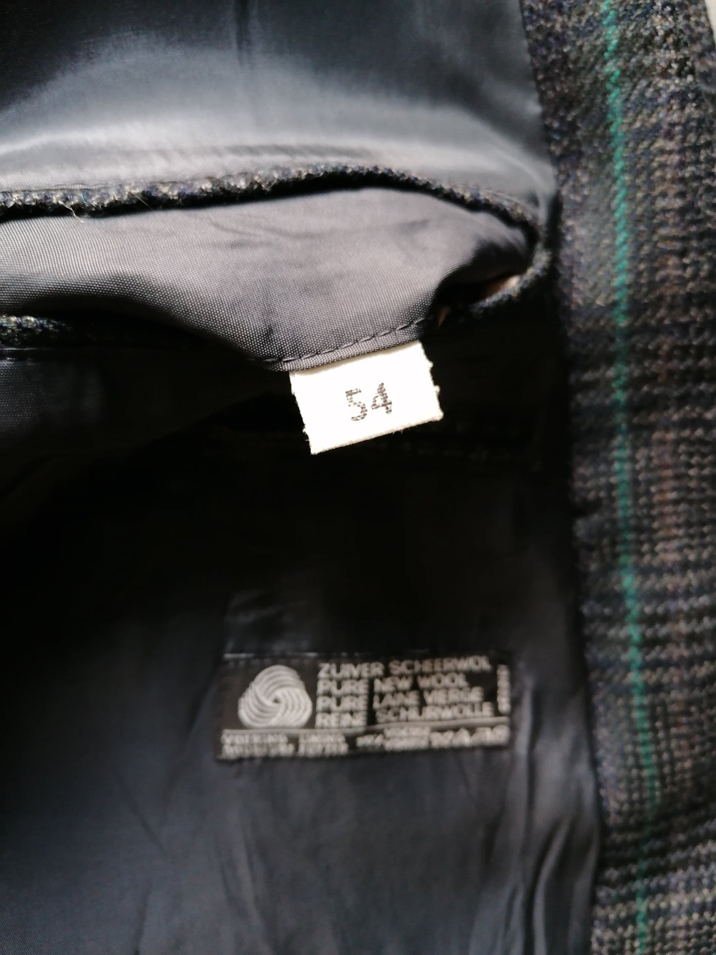 Vintage Woolen Tweed Chaqueta. Gris verde negro a cuadros. Tamaño XL