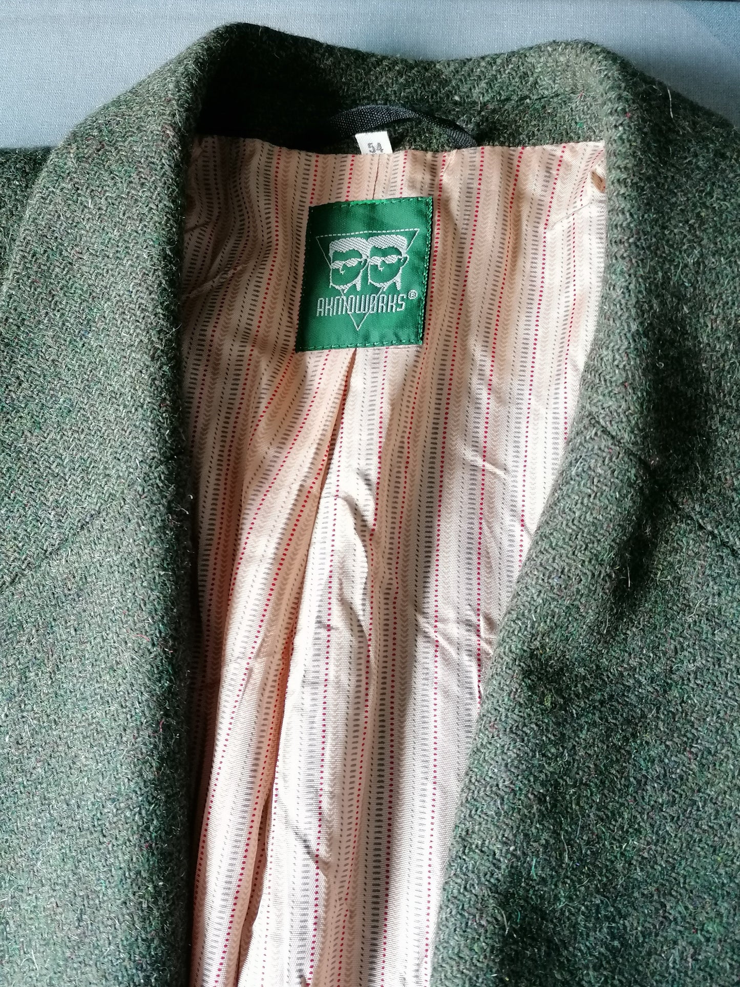 Vintage  Akmoworks Tweed colbert. Groen gemêleerd. Maat XL.