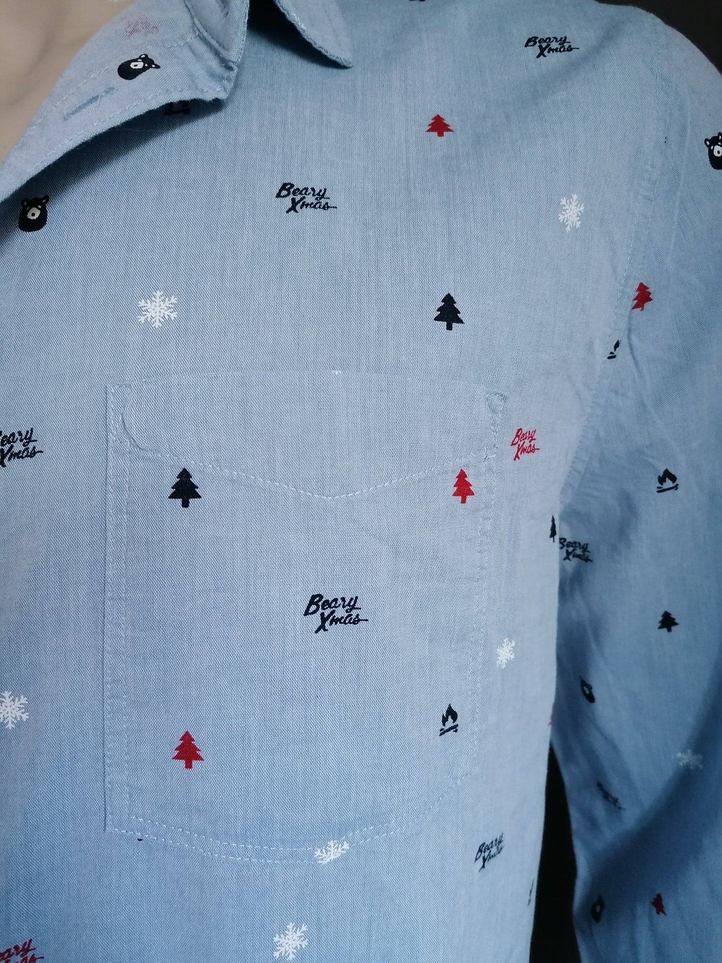 XMas / Kerst / Beary Xmas print overhemd. Licht Blauw. Maat XL.