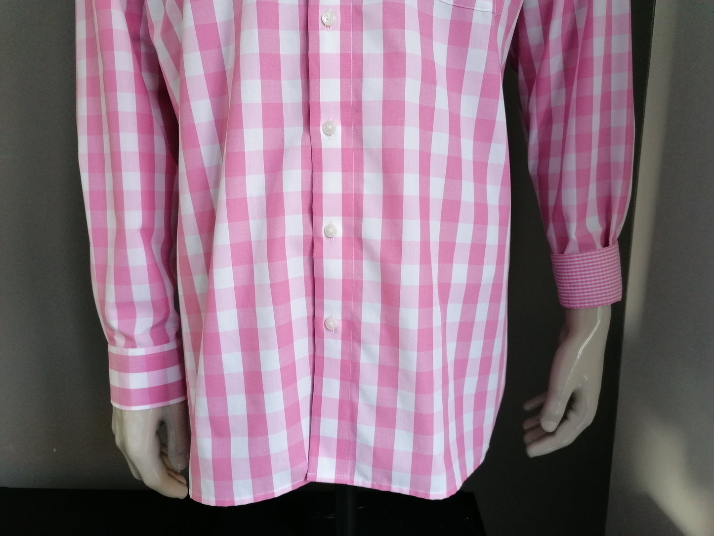 Olymp Luxor overhemd. Roze Wit geblokt. Maat 44 / XL. Slim Line
