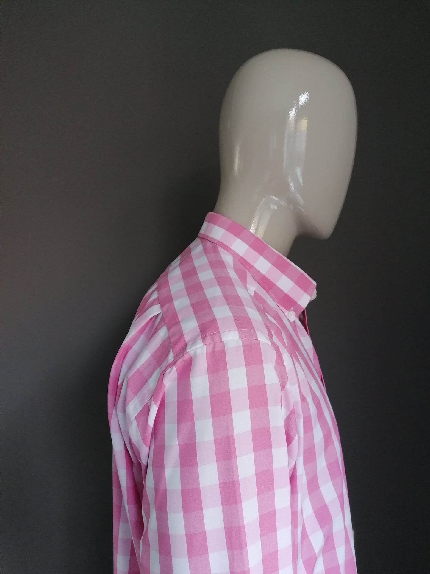 Olymp Luxor overhemd. Roze Wit geblokt. Maat 44 / XL. Slim Line