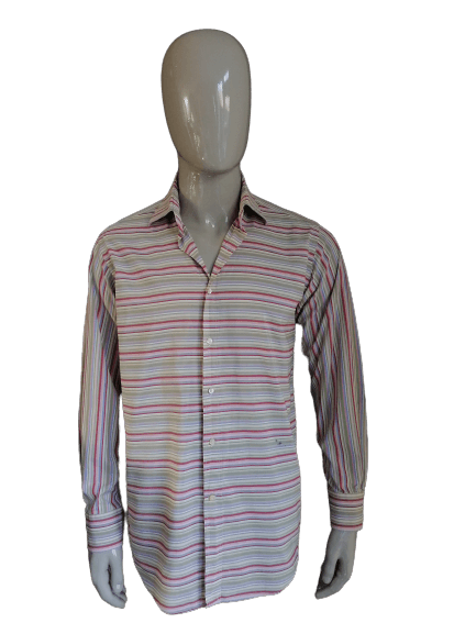 B keus: Etro Milano overhemd. Roze Paars Groen Blauw gestreept. Maat 42/ L. vlekje - EcoGents