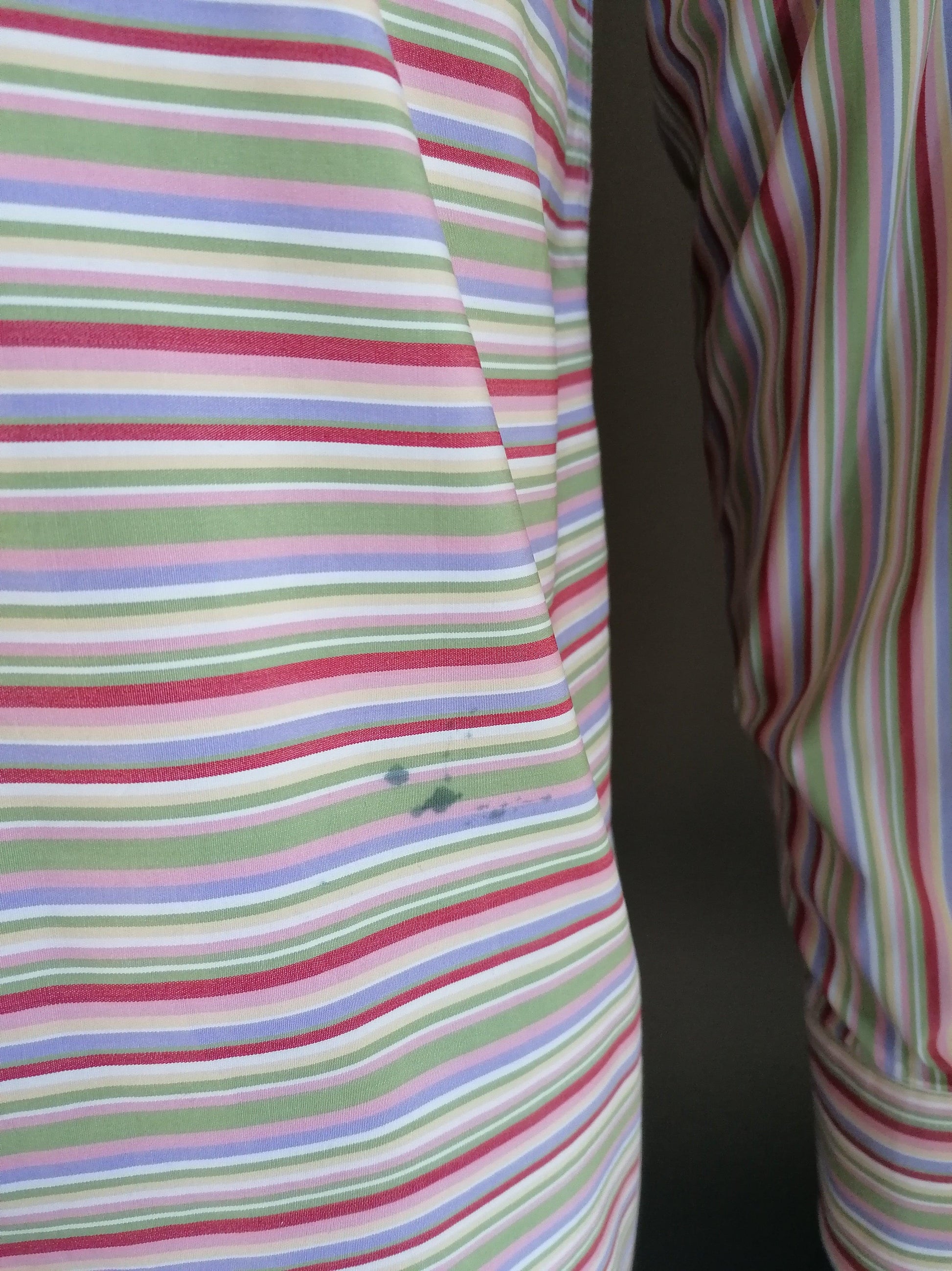 B keus: Etro Milano overhemd. Roze Paars Groen Blauw gestreept. Maat 42/ L. vlekje - EcoGents