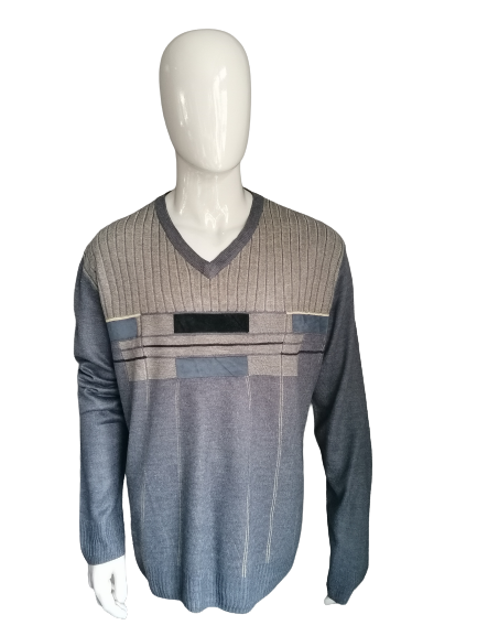 Vintage-Pullover mit V-Ausschnitt – Grau/Beige – Größe 2XL