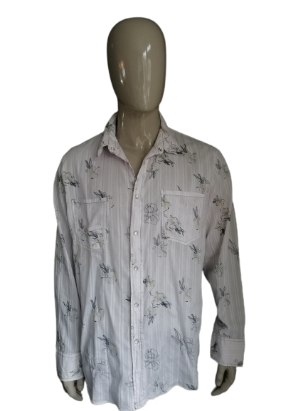 Camisa de la vendimia de Histreet con tachuelas de prensa. Impresión de motivos florales azules beige. Tamaño XXL / 2XL