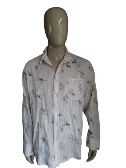 Histreet Vintage-Hemd mit Druckknöpfen. Beigeblauer Blumenmusterdruck. Größe XXL / 2XL