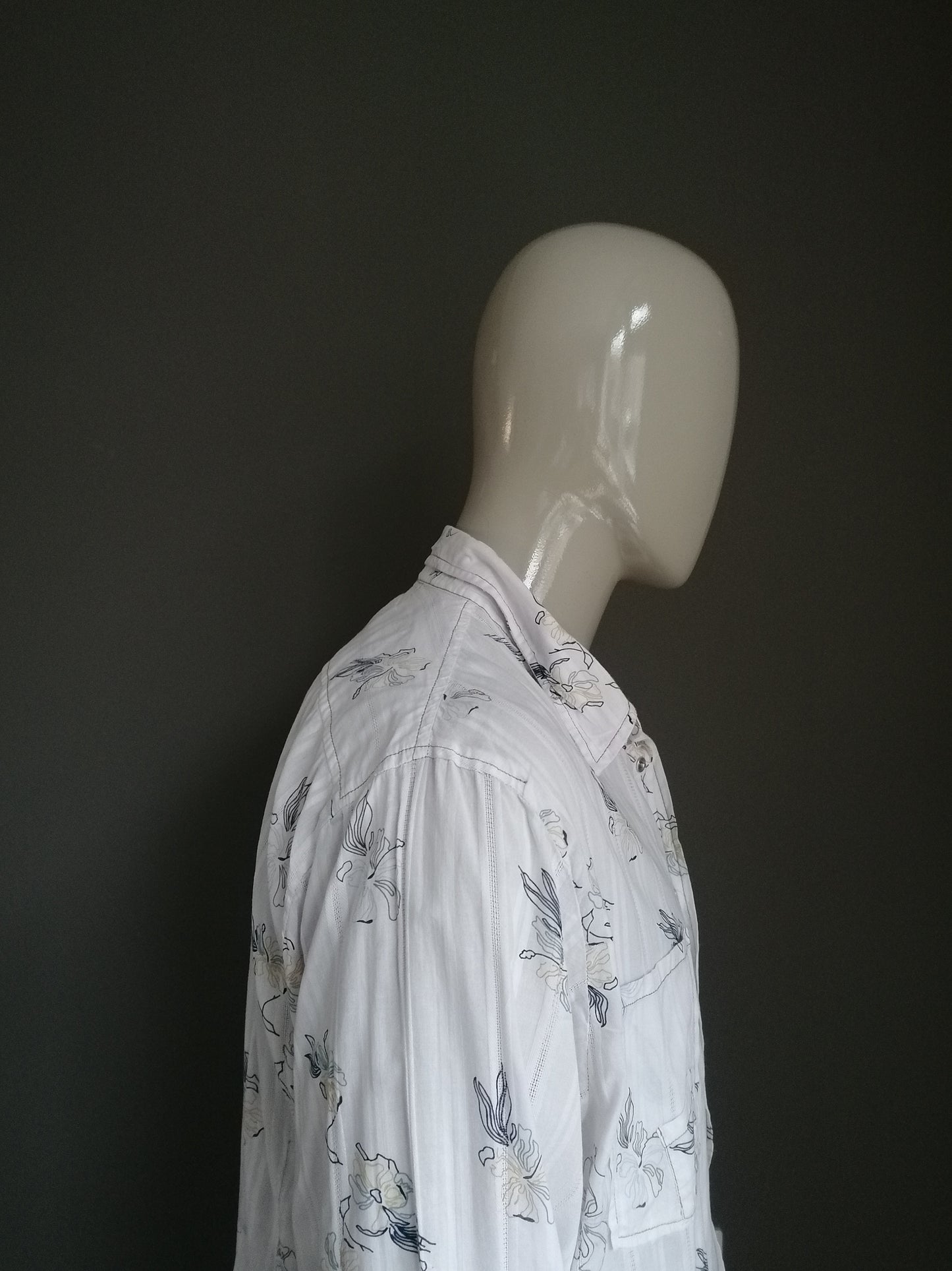 Histreet Shirt Vintage avec des poteaux de presse. Imprimé motif floral bleu beige. Taille XXL / 2XL