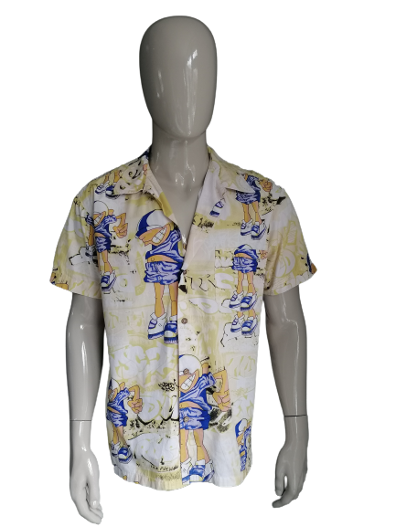 Vintage Cookers Hemd mit kurzen Ärmeln. Gelb-blauer Druck. Größe L.