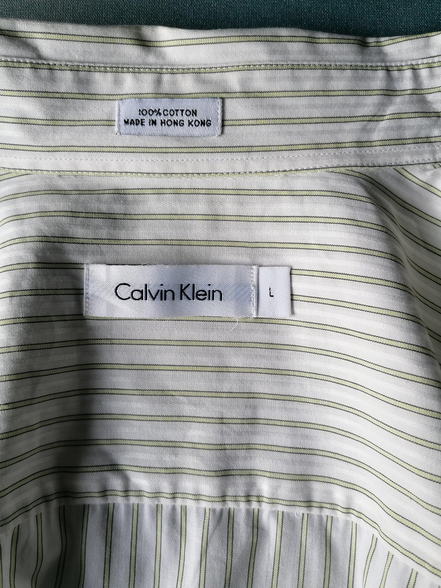Calvin Klein overhemd. Groen Beige gestreept. Maat L. - EcoGents