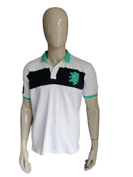 Smog Polo. Blanco azul coloreado verde. Tamaño XL. Ajuste regular.
