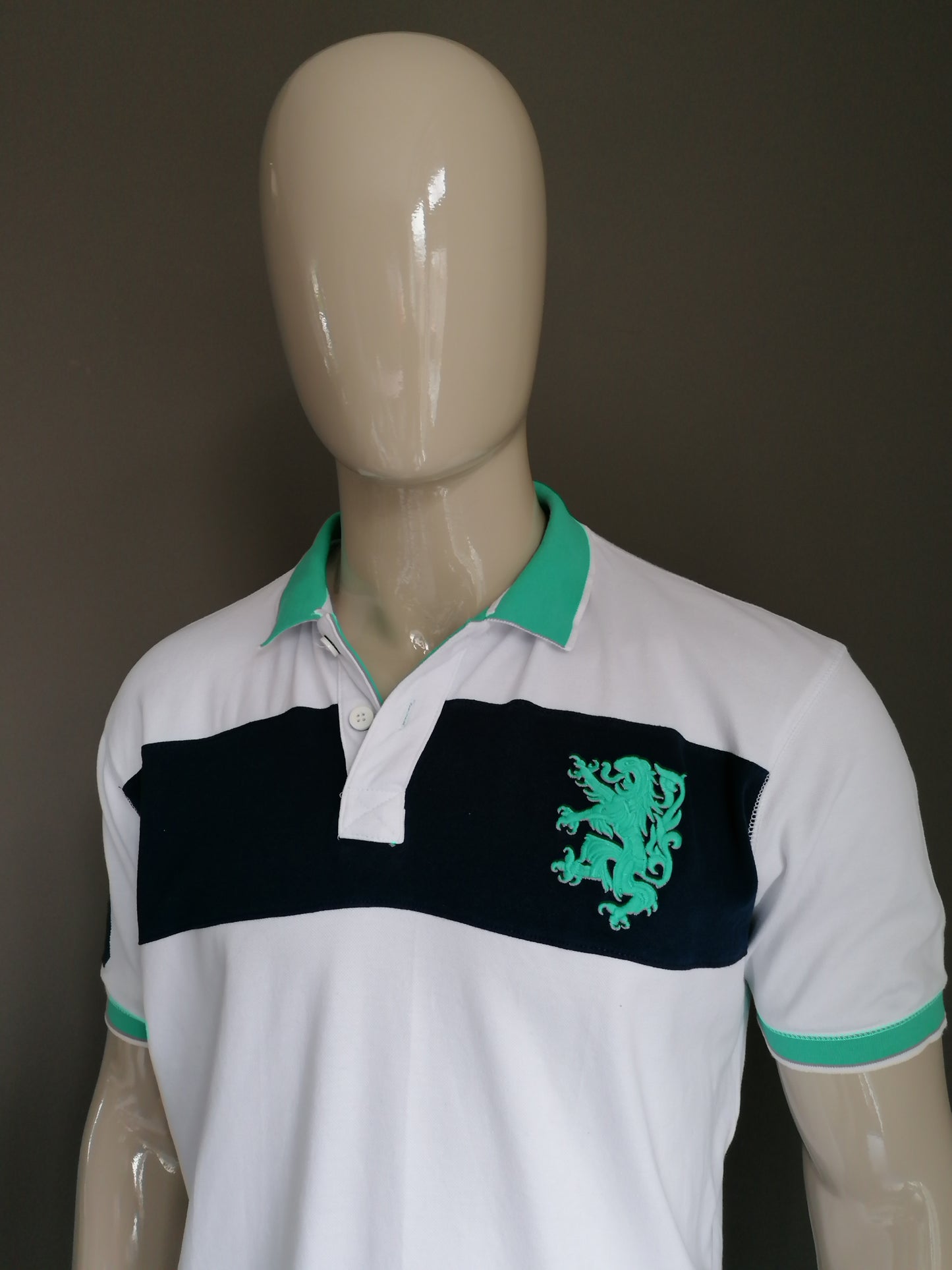 Smog Polo. Blue white colored green. Size XL. Regular fit.