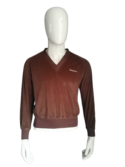 Tommy Aaron Velvet / Velours Pull avec col en V. Couleur brune. Taille S.