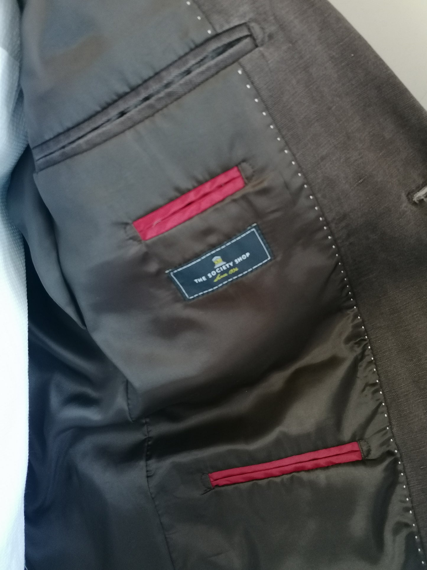 Soci3ty jacket. Dark brown herringbone motif. Size 52 / L. "88 or 100"