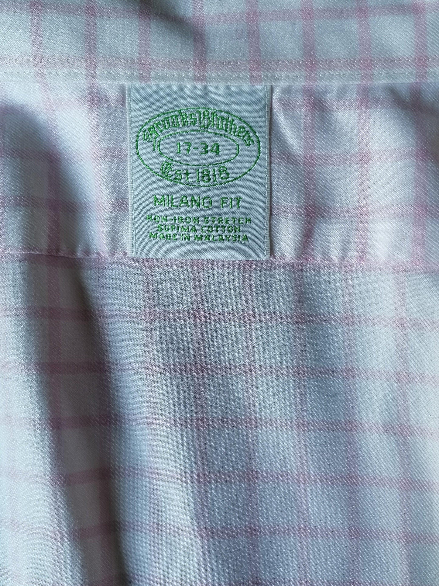 Brooks Brothers overhemd. Roze Wit geblokt. Maat 43 / XL. Milano Fit. - EcoGents