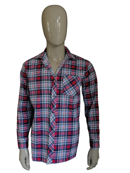 Vintage-Shirt aus den 70ern. Rosa Blau Schwarz kariert. Größe L 25 % Viskose und 75 % Baumwolle