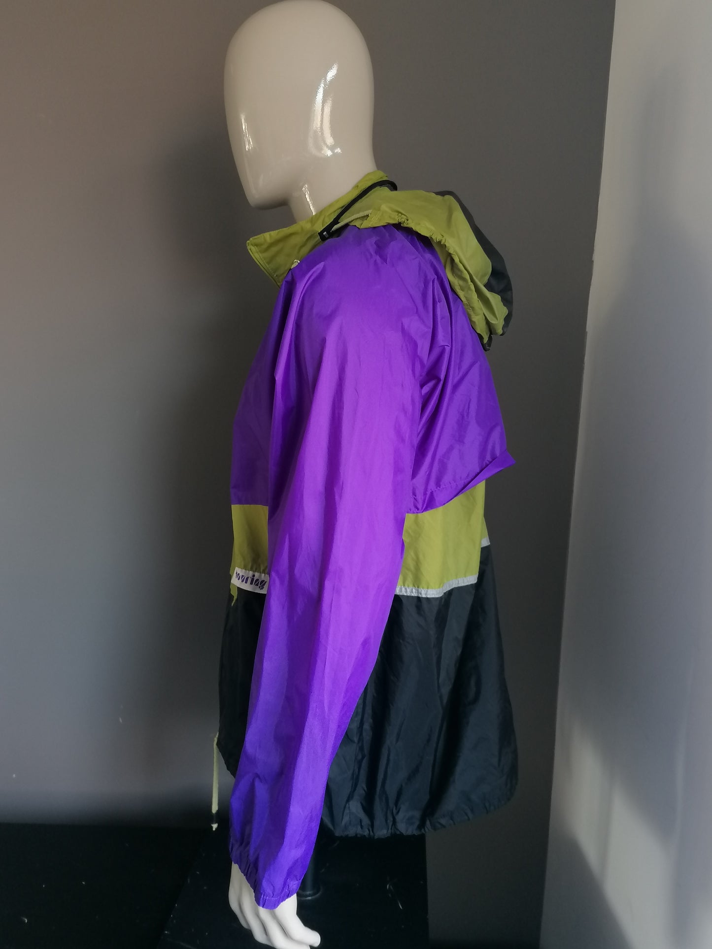 Suéter deportivo retro vintage / gato del viento. Negro verde púrpura. Tamaño XXL / 2XL