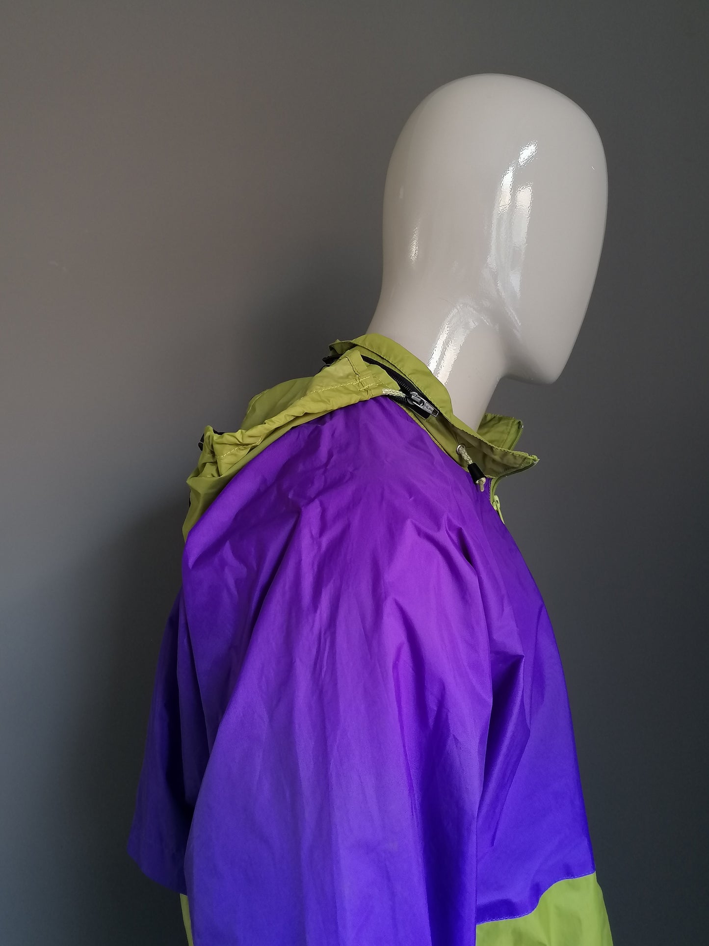 Suéter deportivo retro vintage / gato del viento. Negro verde púrpura. Tamaño XXL / 2XL