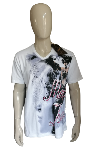 Mondo-Shirt mit V-Ausschnitt. Weiß mit Aufdruck. XXL / 2XL. Neu!!