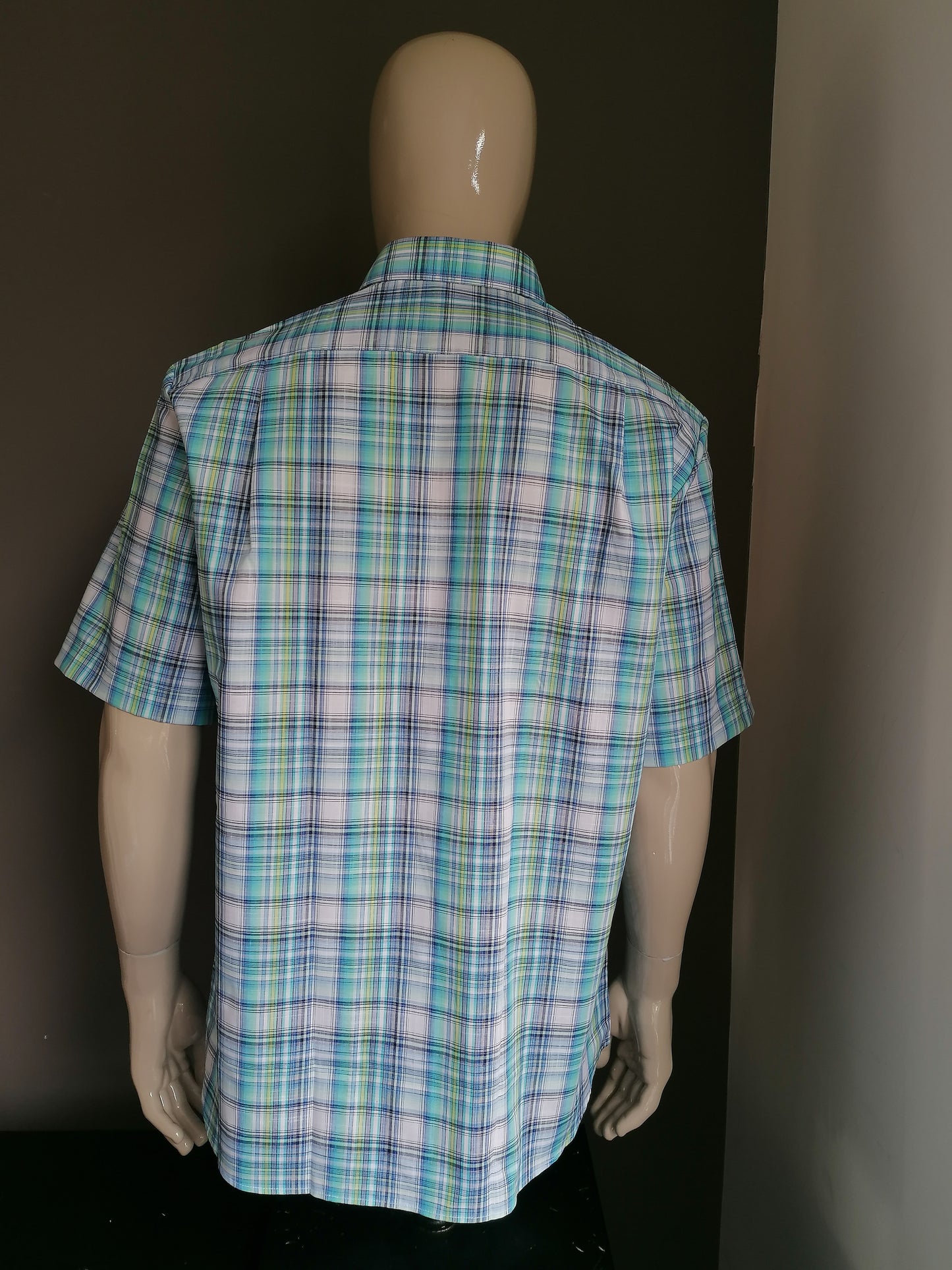 Walbusch shirt short sleeve. Blue green yellow checked. Size 41/42 / L.