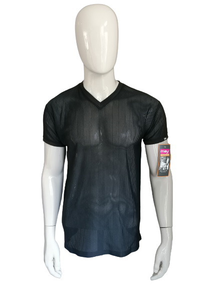 Mey Bodywear shirt with v-neck. Black glossy translucent striped. Size XL.
