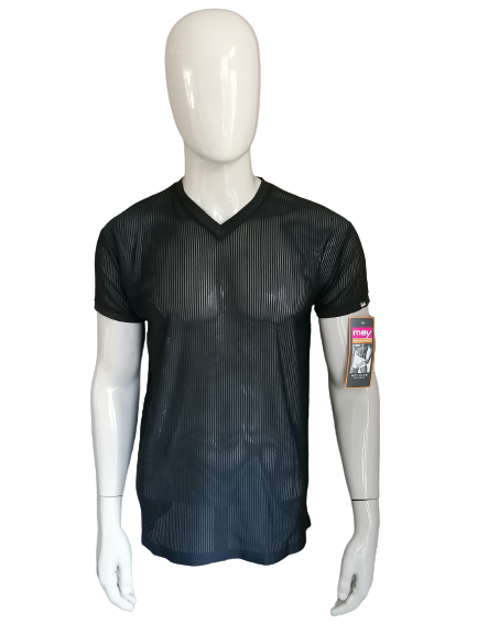 Mey Bodywear shirt with V-neck. Black shiny translucent striped. Size XL.