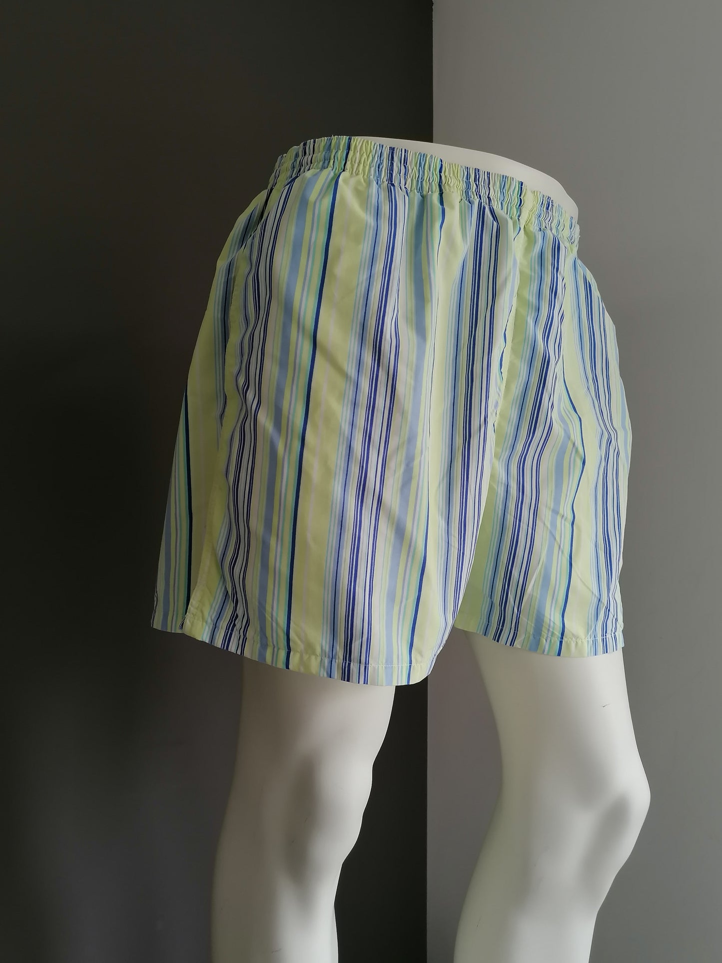 Faconnable swimming trunks / swimming shorts. Blue white green striped. Size XXL / 2XL.