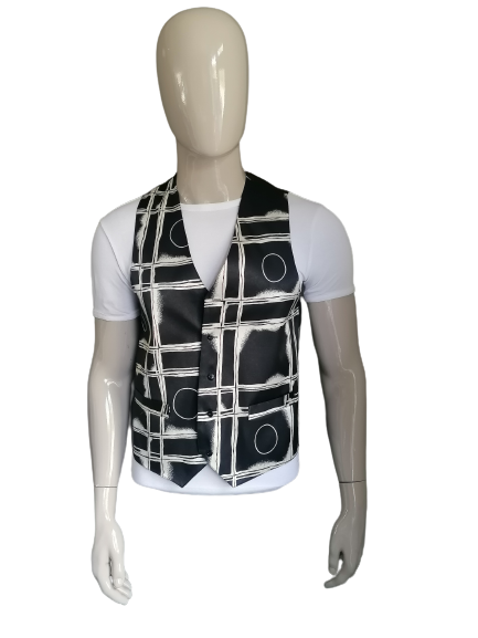Vintage gilet. Zwart Beige print. Maat M.