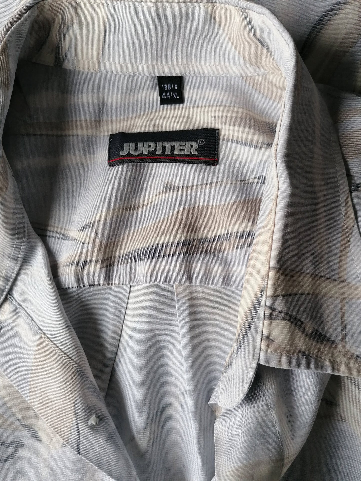 Vintage Jupiter overhemd korte mouw. Grijs Beige print. Maat XL.