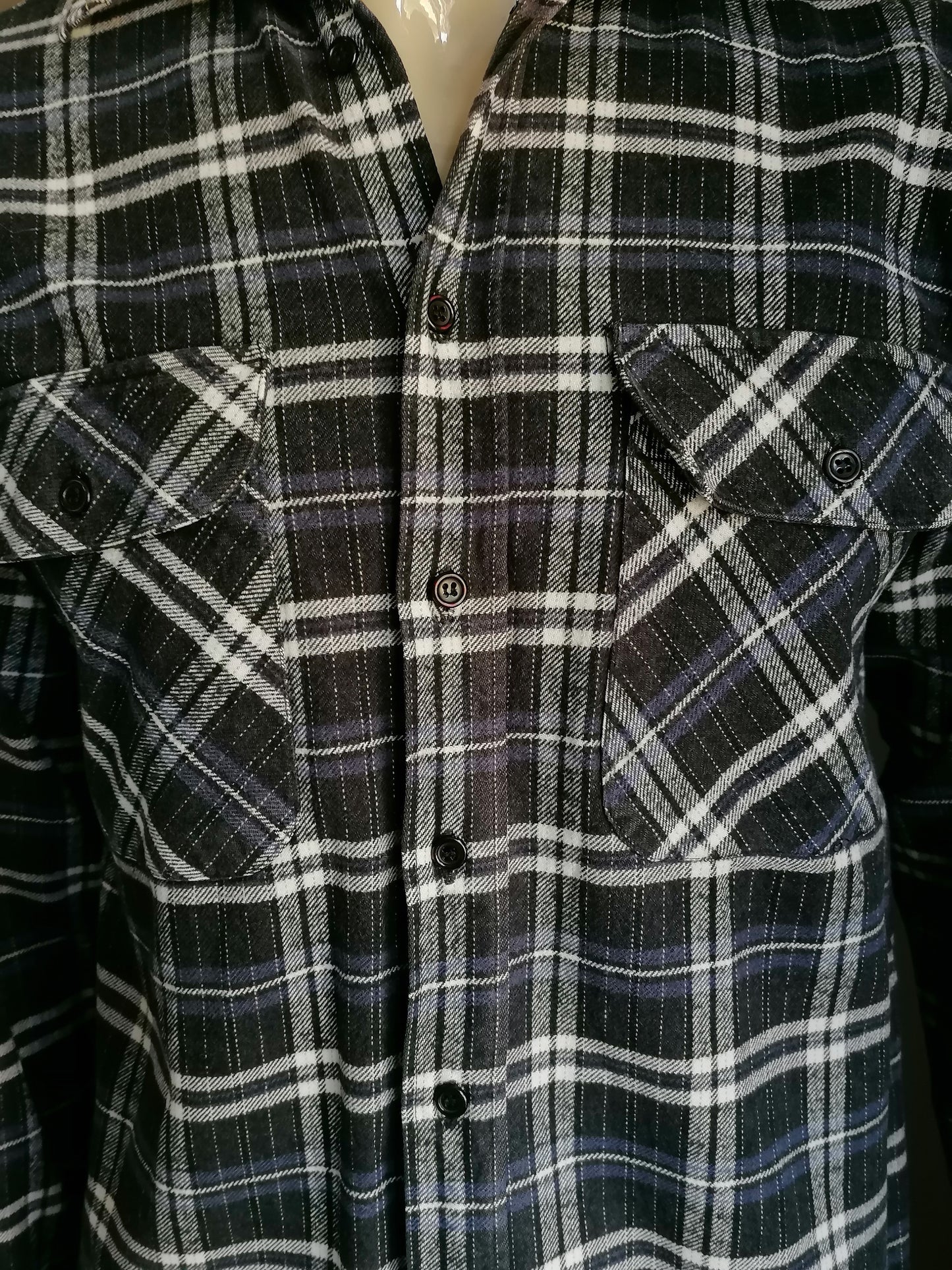 Vintage Collobello Flanellen overhemd. Zwart Wit Blauw geruit. Maat S.
