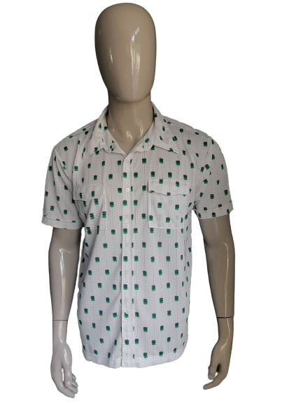 Vintage Identity Shirt Short Sleeve. White green print. Size XL. 100% polyester.