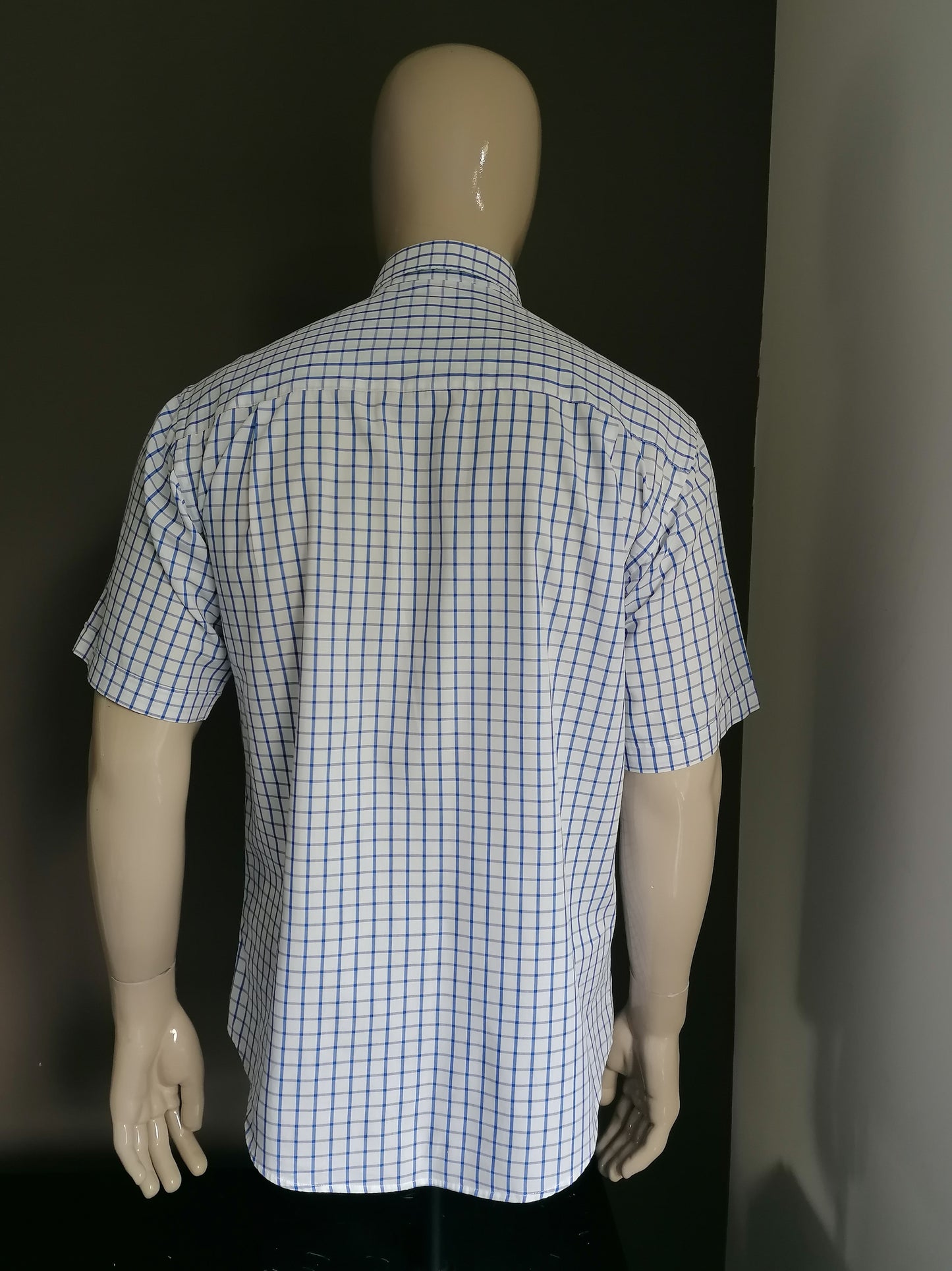 De Bijenkorf overhemd korte mouw. Blauw Wit geblokt. Maat XL. 70% Katoen & 30% Polyester