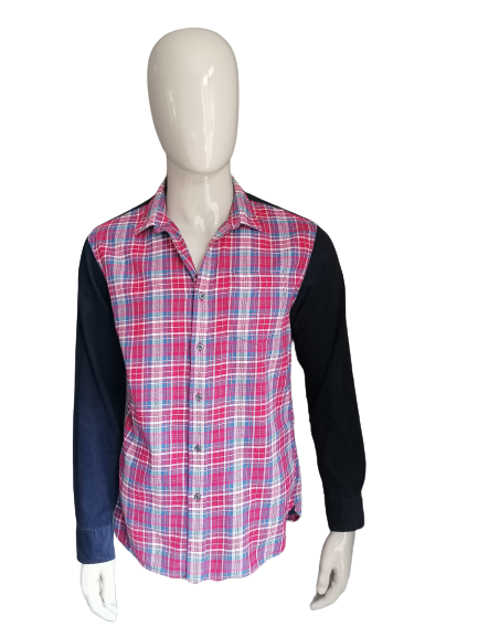 Giordano flannel shirt with rib sleeves. Blue red checked. Size L. Slim Fit.