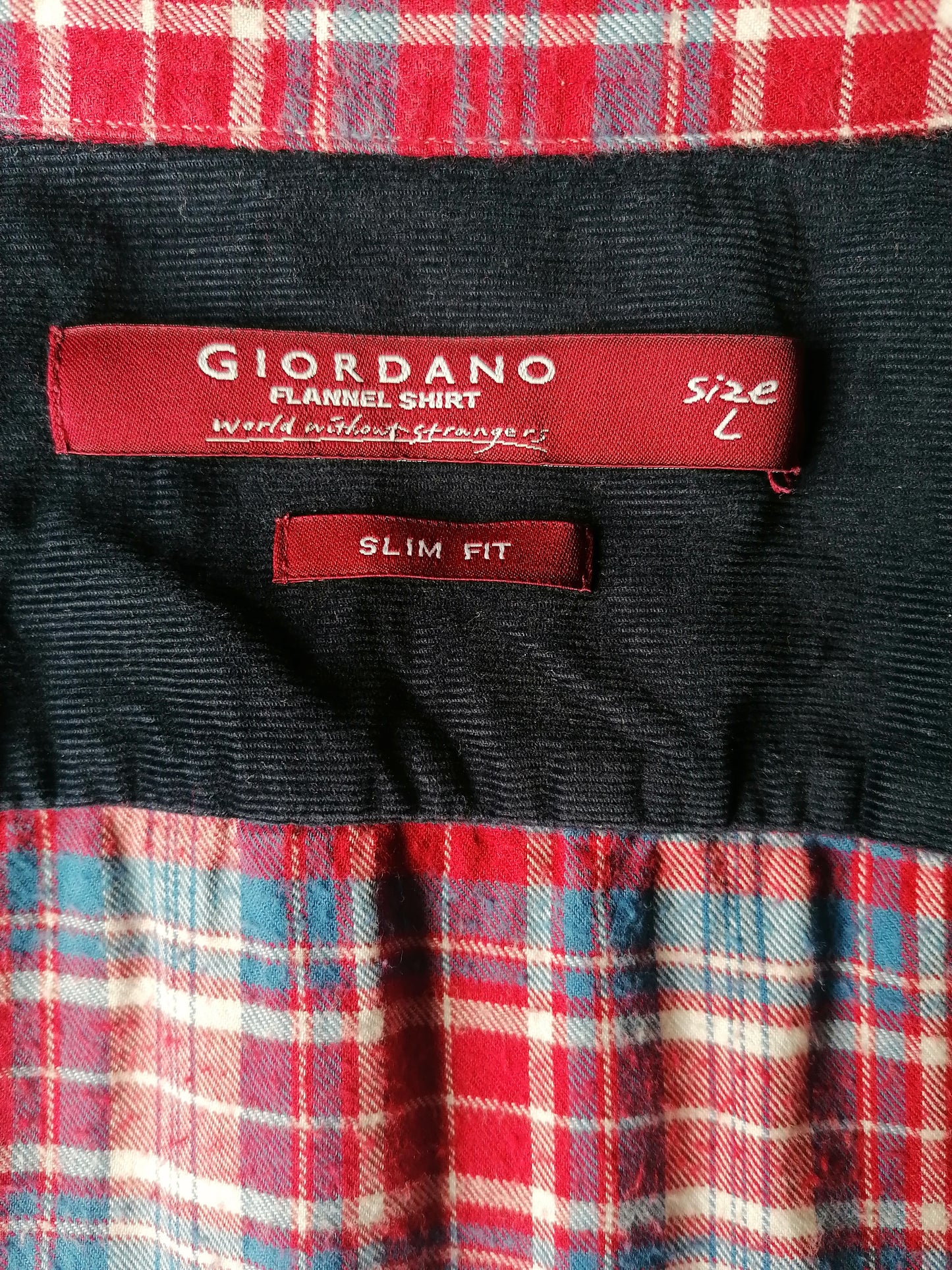 Giordano Flanellen overhemd met rib mouwen. Blauw Rood geruit. Maat L. Slim Fit.