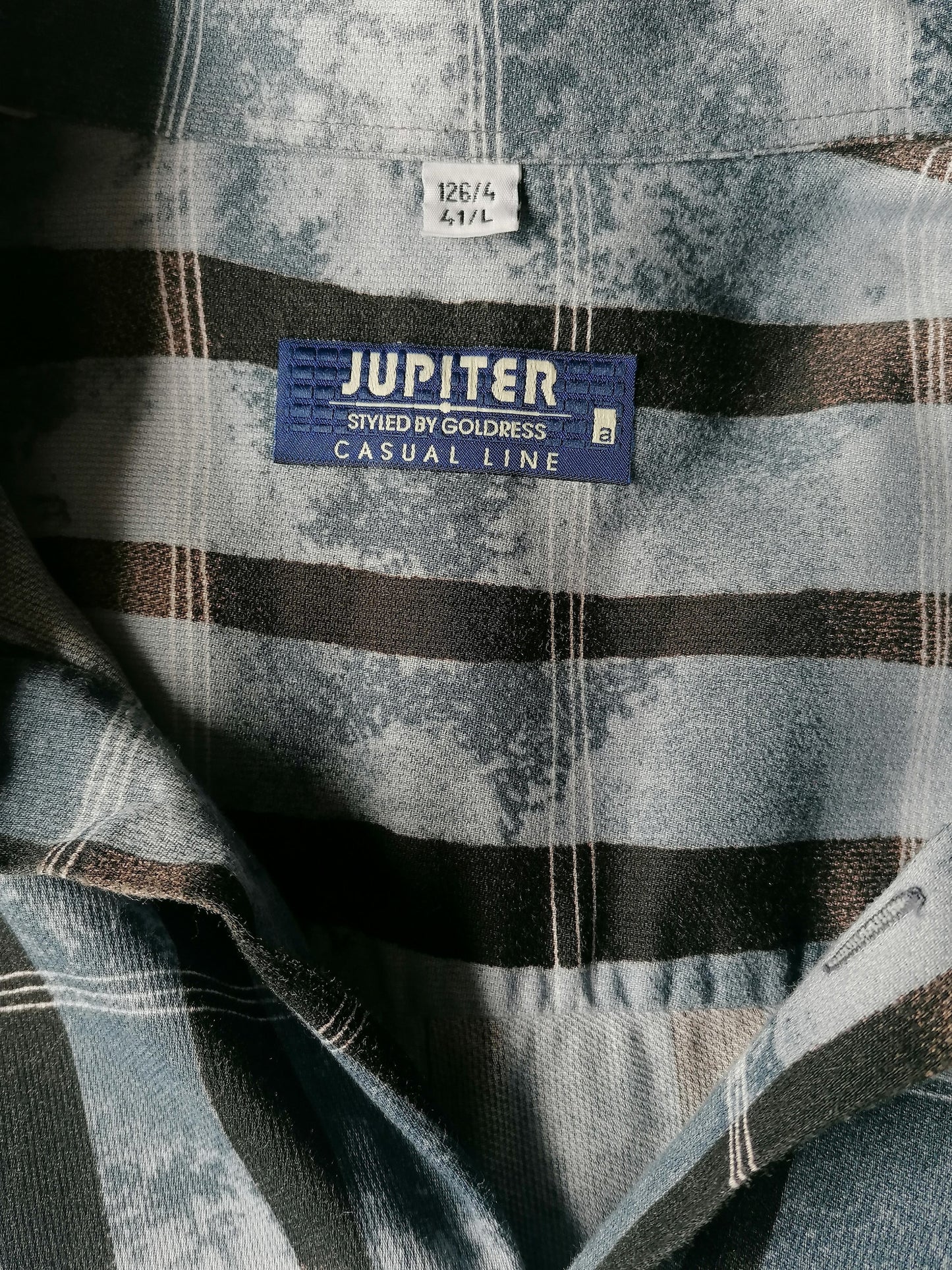 Vintage Jupiter 90er Hemd Kurzarm. Blauer schwarzer Druck. Größe L. Langes Modell.