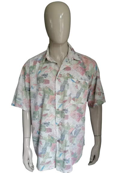 Vintage Kurzarmshirt aus den 90ern. Pink, Grün, Beige-Muster. Größe XL / XXL / 2XL,