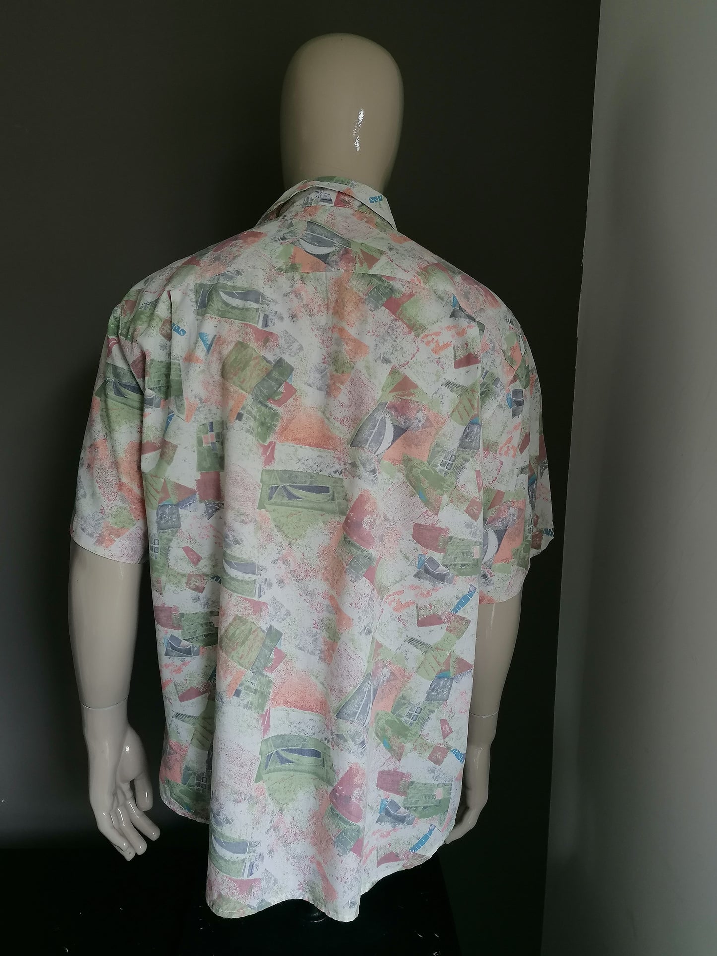 Vintage 90's overhemd korte mouw. Roze Groen Beige print. Maat XL / XXL / 2XL.