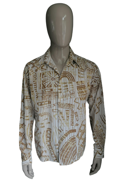 Camicia d'oro vintage. Print di Brown Beige degli anni '90. Taglia XL. 60% di poliestere e 40% di cotone