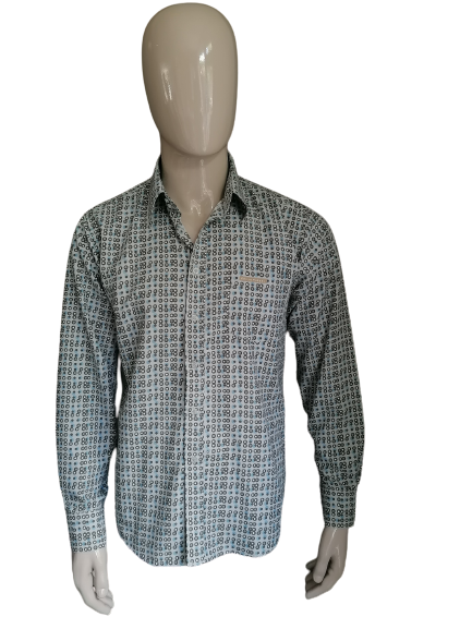 Philip Russel overhemd. Grijs Blauwe print. Maat L. 100% Polyester