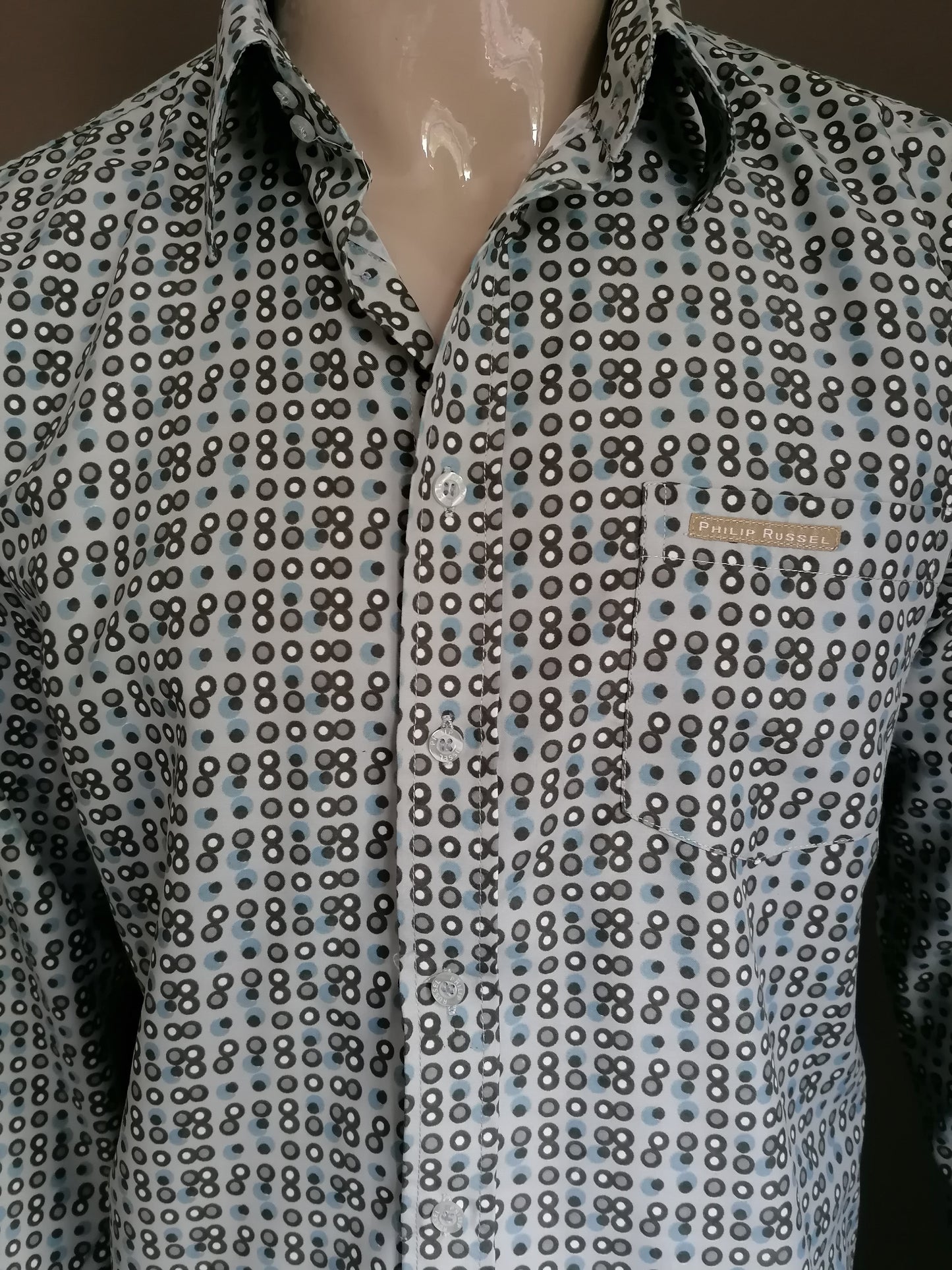 Philip Russel overhemd. Grijs Blauwe print. Maat L. 100% Polyester