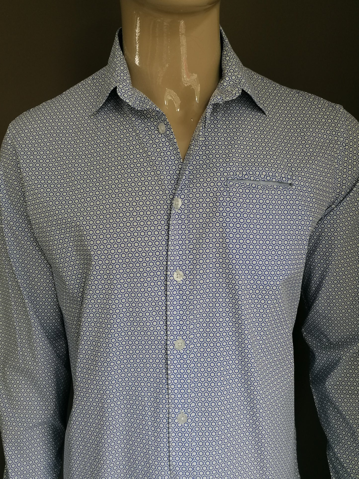 Grey Daniele Alessandrini overhemd. Blauw Witte cirkel print. Maat 42 / L.