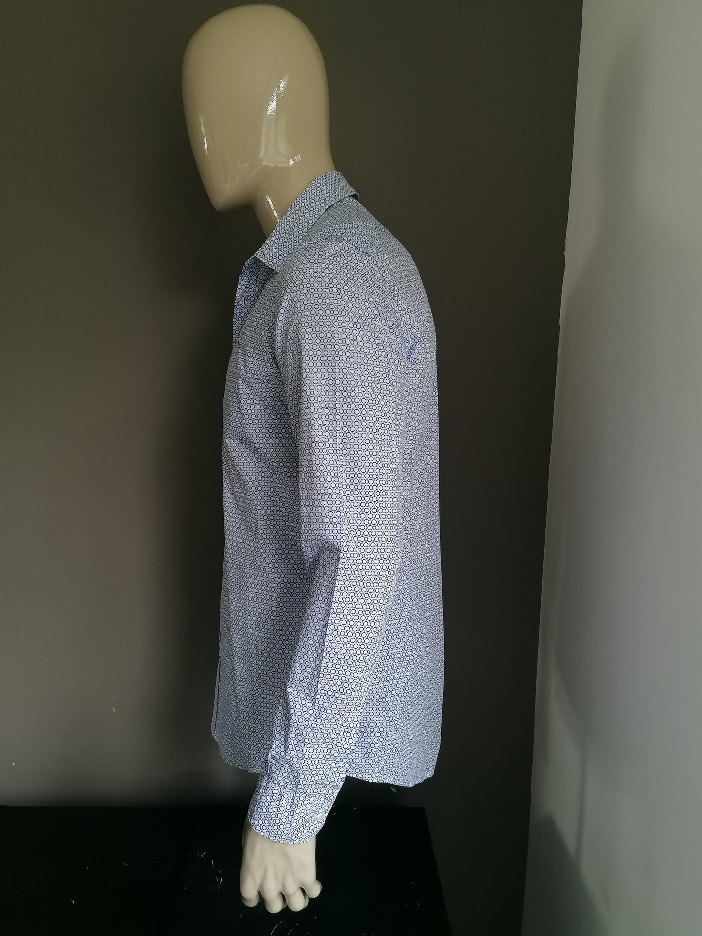 Grey Daniele Alessandrini overhemd. Blauw Witte cirkel print. Maat 42 / L.
